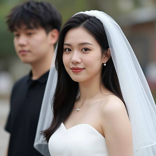 Photograph of an Asian bride with long black hair, wearing a white strapless dress and veil, smiling, standing beside a young Asian man in black
