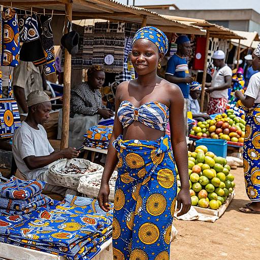 Photograph of an African woman with dark skin, wearing a colorful blue and yellow patterned dress and headscarf, smiling at a bustling outdoor market