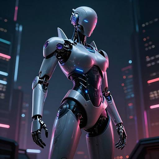 CGI image of a sleek, white and black, futuristic female robot with glowing blue accents, standing in a neon-lit, cyberpunk cityscape