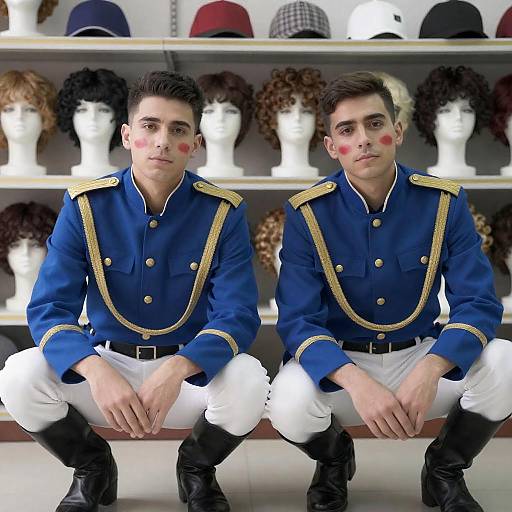 Two Men in Blue Military-Style Uniforms Squatting in Costume Shop