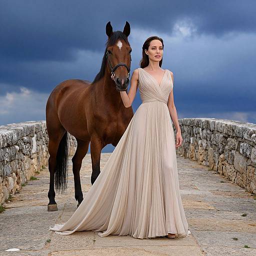 Photograph of a woman in a flowing white gown walking beside a brown horse on a stone pathway under a dramatic blue sky.