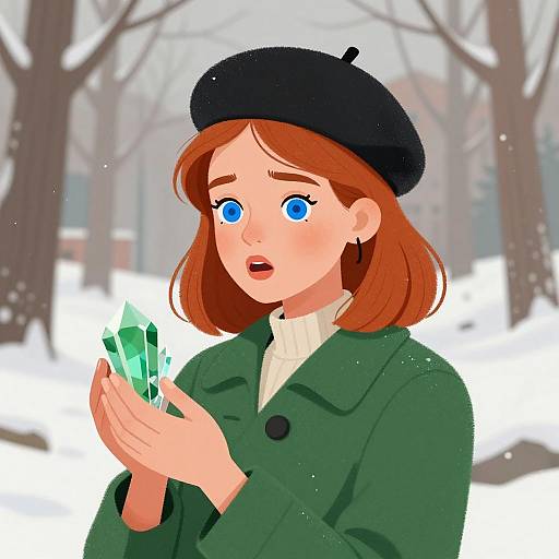 Surprised Woman in Snowy Forest Scene