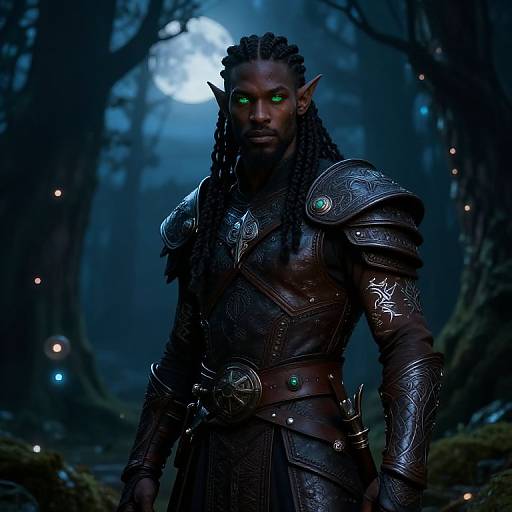 Photorealistic CGI of a dark-skinned, elven warrior with glowing green eyes, braided hair, and intricate dark armor in a mystical forest