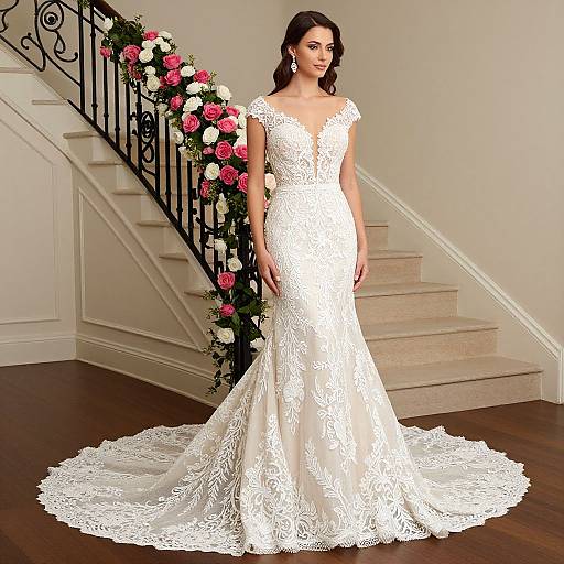 Photograph of a beautiful brunette bride in an elegant white lace mermaid-style wedding dress with a deep V-neck, standing on wooden floor beside a staircase