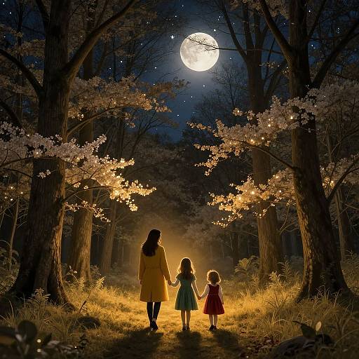 Photograph of a woman and two children holding hands, walking under a moonlit, starry forest with glowing cherry blossoms and twinkling lights.