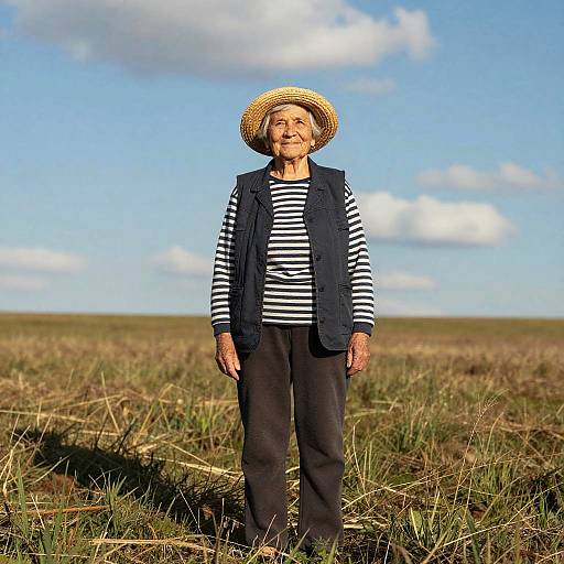 Photograph of an elderly woman with light skin, wearing a straw hat, black vest, striped shirt, and black pants, standing in a grassy