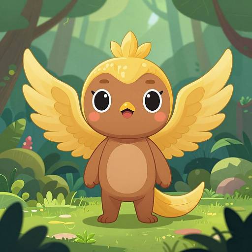 Cute digital cartoon of a brown and yellow bird-like creature with large wings, big eyes, and an open beak, standing in a lush,