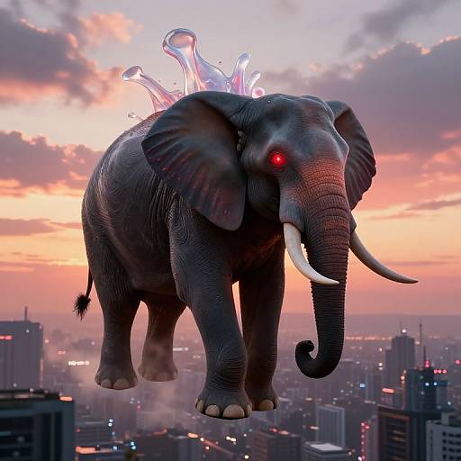 CGI image of a glowing red-eyed, water-splashed giant elephant with white tusks flying over a cityscape at sunset.