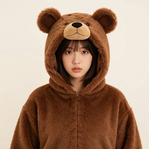 Photograph of an Asian woman with fair skin, brown eyes, and straight black hair, wearing a brown bear-themed hooded onesie with a cute