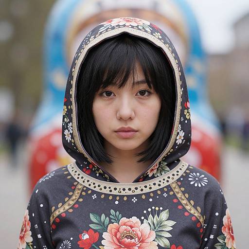 Photograph of an Asian woman with short black hair, wearing a floral-patterned black hooded robe, standing in a blurred outdoor setting with a blue
