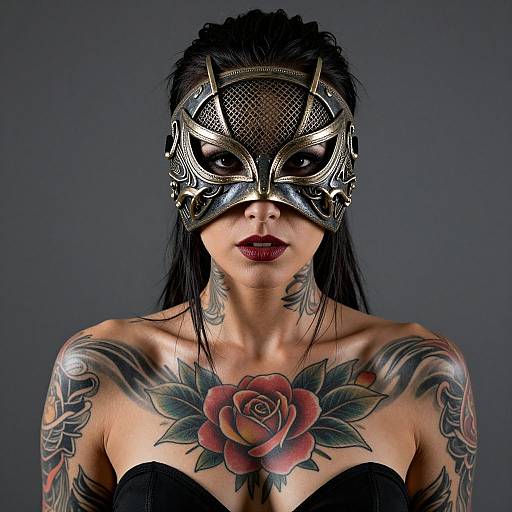 Tattooed Woman in Intricate Ninja Mask