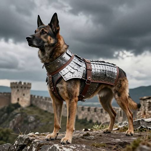 Photograph of a German Shepherd wearing medieval steel armor, standing on a rocky outcrop with a castle and cloudy sky background.
