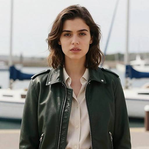 Young Woman in Leather Jacket at Marina