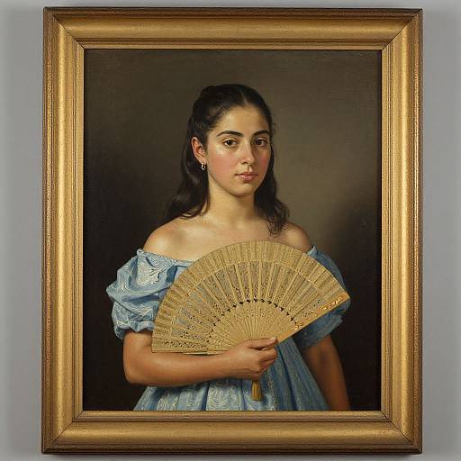 Photograph of a framed classical portrait of a young woman with olive skin, dark hair, and blue off-shoulder dress, holding a wooden fan