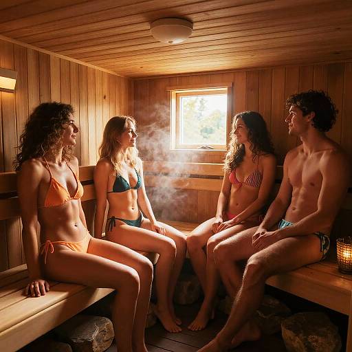 Photograph of four fit, smiling young adults in colorful bikinis and swim trunks, sitting in a wooden sauna, steam rising. Sunlight filters