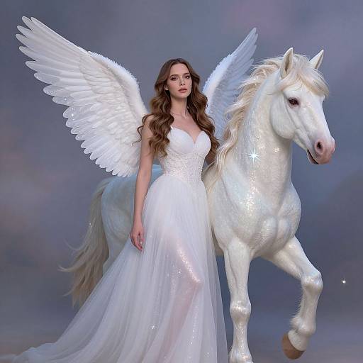 Photograph of a brunette angelic woman with large white wings, wearing a sparkling white dress, standing beside a white, glowing horse with star-shaped markings