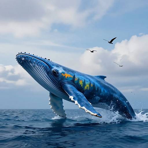Colossal Blue Whale with Forest Reflection