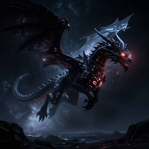 Digital artwork of a fierce, glowing blue-black dragon with red eyes and sharp spikes, soaring through a starry, dark cosmic sky.