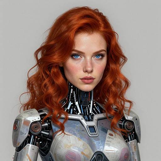 Digital art of a red-haired woman with blue eyes, wearing a metallic, futuristic armor with intricate designs, against a plain white background.