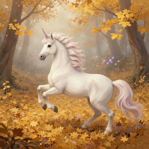 Digital painting of a white unicorn with a pink mane and tail, prancing in an autumn forest with golden leaves and glowing purple flowers.