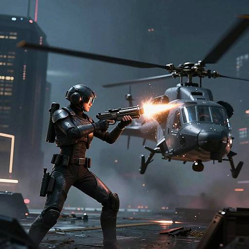 Futuristic Plasma Gunner vs Helicopter