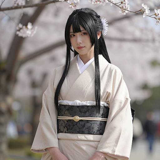 Japanese Woman in Traditional Kimono with Cherry Blossoms