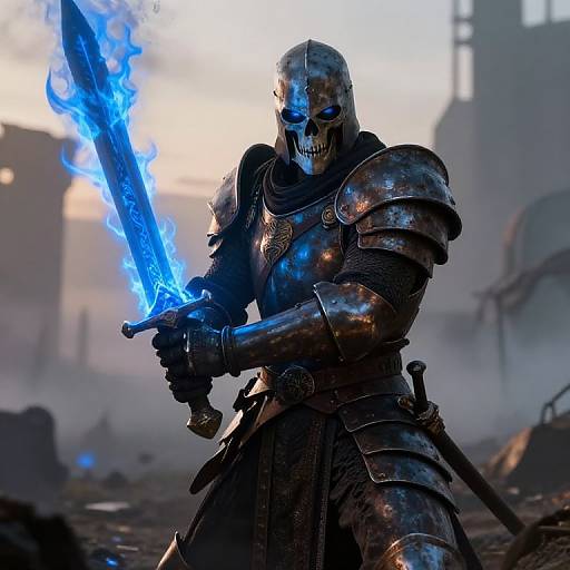 Digital artwork of a skeletal warrior in rusted armor wielding a glowing blue sword in a foggy, ruined cityscape at sunset.