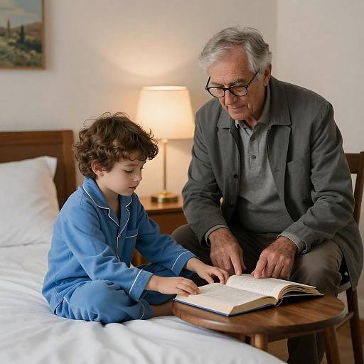 Elderly Man Reading with Young Boy in Bedroom
