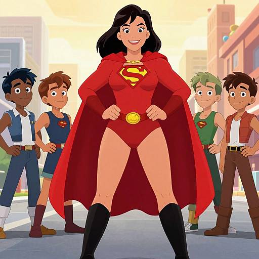 Cartoon-style drawing of a confident Superwoman with black hair, red outfit, cape, and boots, standing in a city street with five young superheroes