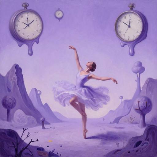 Digital painting of a ballet dancer in a white dress, mid-leap, in a surreal purple landscape with floating clocks and abstract trees.