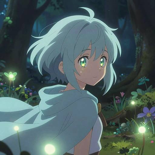 Anime-style digital drawing of a young girl with blue hair, green eyes, and a white cloak, surrounded by glowing fireflies in a dark, enchanted