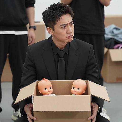 Man in Suit with Dolls and Intense Expression