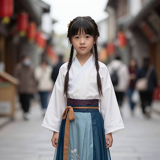 Photograph of an Asian girl with long black hair in a traditional white kimono top and blue hakama, standing in a blurred, bustling street with