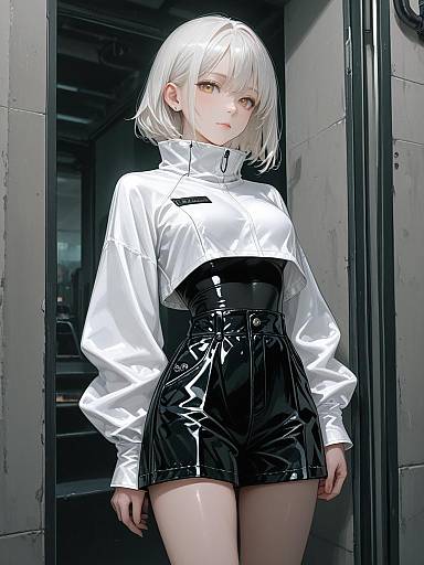 Fashionable Woman in White Crop Top and Black Faux Leather Shorts