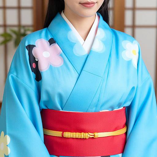Photograph of an Asian woman in a bright blue kimono with red obi, adorned with floral patterns, standing indoors.