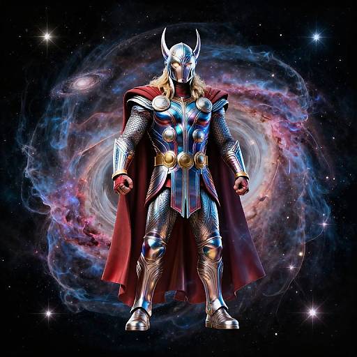 Superhero in silver armor with red cape, horned helmet, standing against a cosmic nebula background, radiating power and authority.