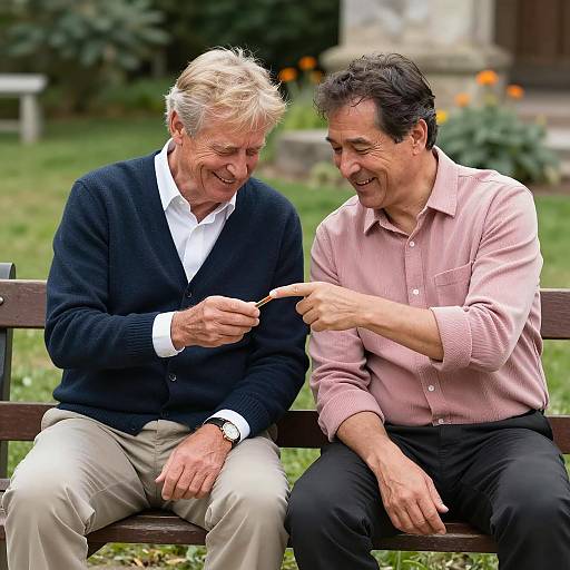 Two Men Sitting on Park Bench Sharing Object