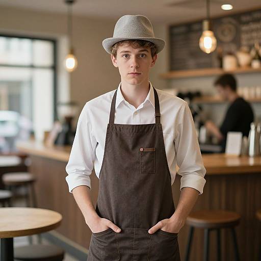 Photograph of a young Caucasian male barista with fair skin, brown hair, wearing a gray hat, white shirt, and black apron, standing