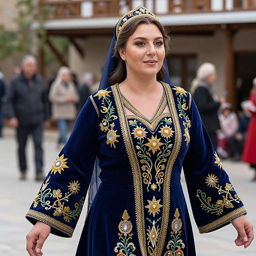 Photograph of a young woman with medium skin tone, dark hair, and brown eyes, wearing a detailed, dark blue embroidered dress and matching headpiece
