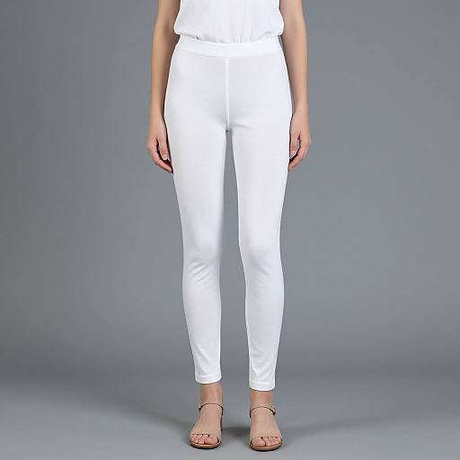 Photograph of a woman from neck to ankles, wearing white pants, white top, and beige high-heeled sandals, against a gray background.