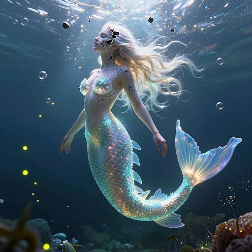Photorealistic digital artwork of a glowing, blue-scaled mermaid with flowing blonde hair, floating underwater, surrounded by bubbles and bioluminescent