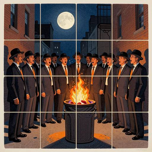 Illustration of twelve men in black suits and hats standing around a burning trash can at night, under a full moon. Urban alleyway background. Digital
