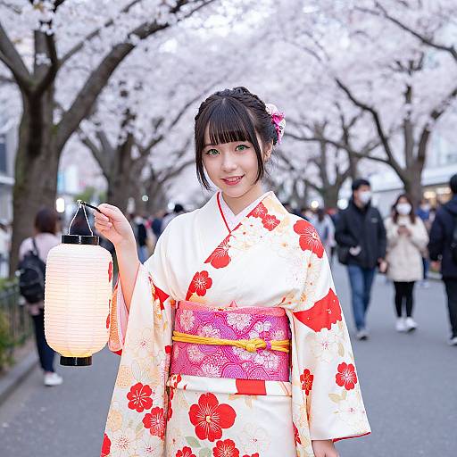 Asian woman in white floral kimono with red patterns, holding lantern, smiling, cherry blossom trees in background, people walking. Photographic image.