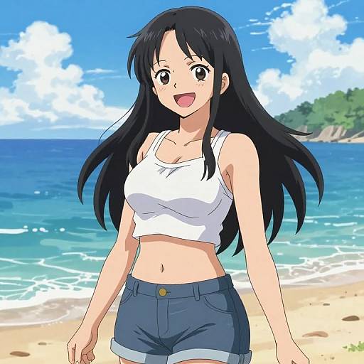 Anime-style drawing of a smiling young woman with long black hair, wearing a white tank top and blue denim shorts, standing on a sunny beach with clear