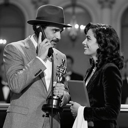 Man Holding Oscar Statuette Talking on Phone with Smiling Woman
