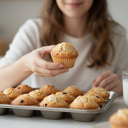 Photograph of a woman with long brown hair in a white shirt, holding a topped muffin above a tray of muffins.