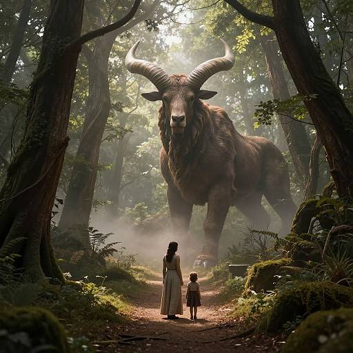 Photorealistic digital art: Enormous, horned brown bull stands in misty forest, towering over a woman in white dress and a small