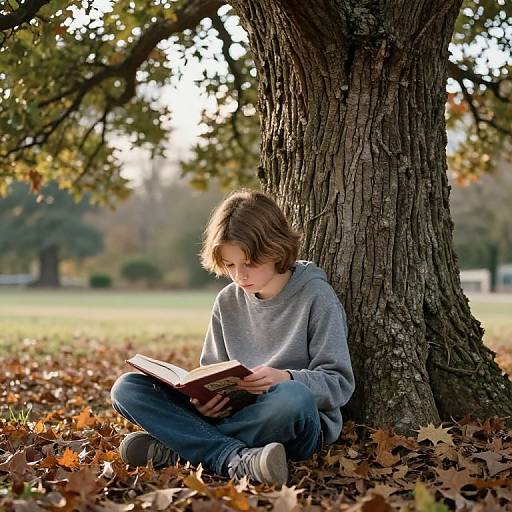 Boy Reading Under Oak Tree