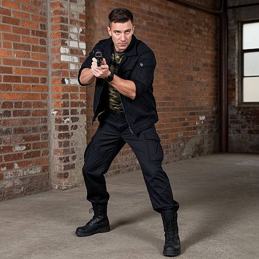 Photograph of a muscular man with short dark hair, in black tactical gear, aiming a gun in an industrial brick-walled room.