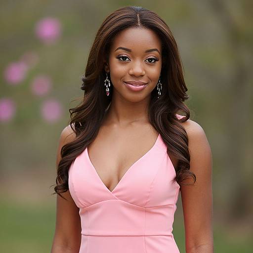 Photograph of a beautiful Black woman with long, wavy brown hair, wearing a pink V-neck dress and silver earrings, smiling against a blurred green